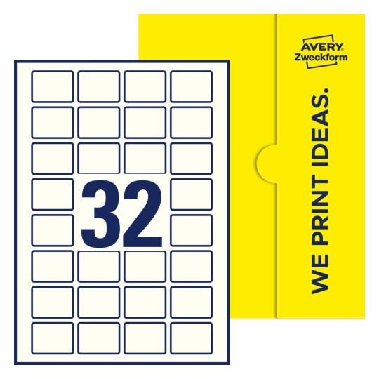 Packungsabbildung inklusive Stanzzeichnung Einzelbogen A4, Etiketten, 40 x 30 mm, 32 Etiketten/Bogen, Rechteckig - Rechteckige Etiketten, 40 x 30 mm