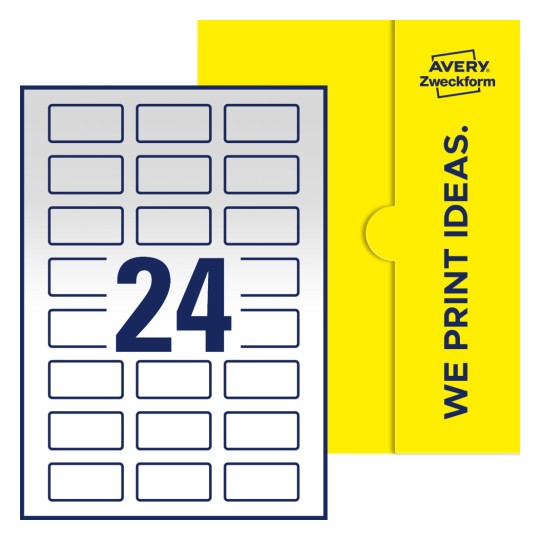 Packungsabbildung inklusive Stanzzeichnung Einzelbogen A4, Etiketten, 50 x 25 mm, 24 Etiketten/Bogen, Rechteckig - Rechteckige Etiketten, 50 x 25 mm