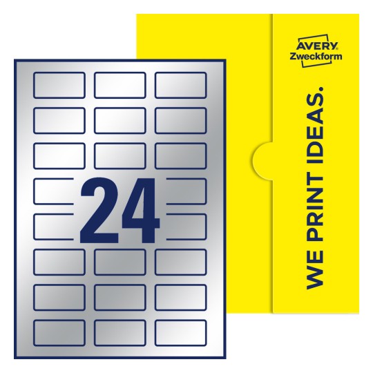 Packungsabbildung inklusive Stanzzeichnung Einzelbogen A4, Etiketten, 50 x 25 mm, 24 Etiketten/Bogen, Rechteckig - Rechteckige Etiketten, 50 x 25 mm