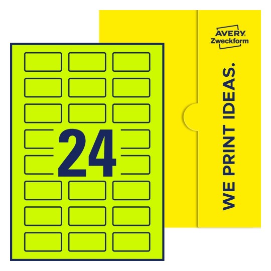 Packungsabbildung inklusive Stanzzeichnung Einzelbogen A4, Etiketten, 50 x 25 mm, 24 Etiketten/Bogen, Rechteckig - Rechteckige Etiketten, 50 x 25 mm