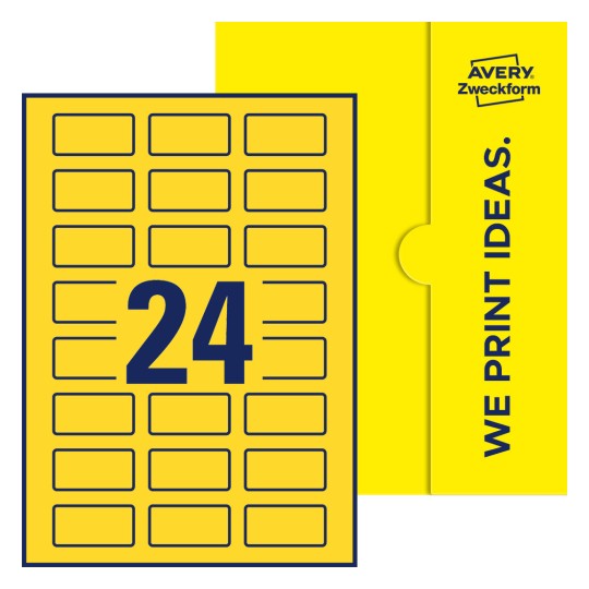 Packungsabbildung inklusive Stanzzeichnung Einzelbogen A4, Etiketten, 50 x 25 mm, 24 Etiketten/Bogen, Rechteckig - Rechteckige Etiketten, 50 x 25 mm