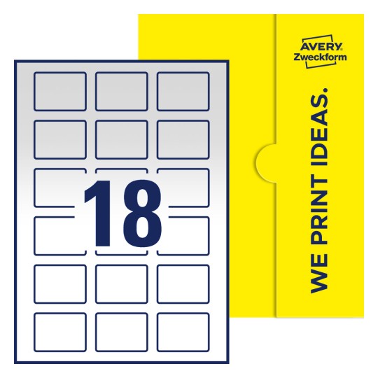Packungsabbildung inklusive Stanzzeichnung Einzelbogen A4, Etiketten, 50 x 37 mm, 18 Etiketten/Bogen, Rechteckig - Rechteckige Etiketten, 50 x 37 mm