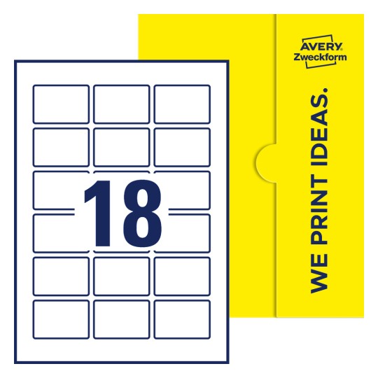 Packungsabbildung inklusive Stanzzeichnung Einzelbogen A4, Etiketten, 54 x 37 mm, 18 Etiketten/Bogen, Rechteckig - Rechteckige Etiketten, 54 x 37 mm