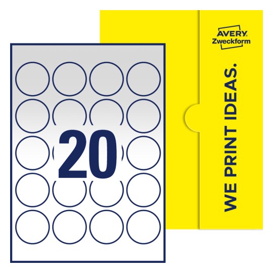Packungsabbildung inklusive Stanzzeichnung Einzelbogen A4, Etiketten, 45 mm, 20 Etiketten/Bogen, Rund - Runde Etiketten, Ø 45 mm