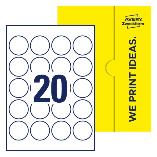 Packungsabbildung inklusive Stanzzeichnung Einzelbogen A4, Etiketten, 45 mm, 20 Etiketten/Bogen, Rund - Runde Etiketten, Ø 45 mm