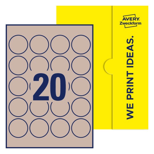 Packungsabbildung inklusive Stanzzeichnung Einzelbogen A4, Etiketten, 45 mm, 20 Etiketten/Bogen, Rund - Runde Etiketten, Ø 45 mm
