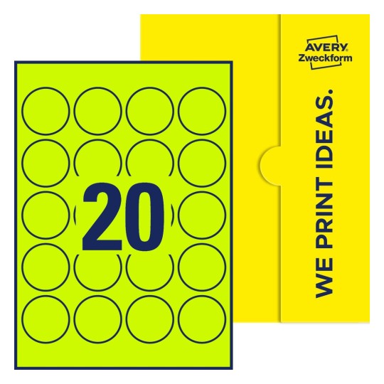 Packungsabbildung inklusive Stanzzeichnung Einzelbogen A4, Etiketten, 45 mm, 20 Etiketten/Bogen, Rund - Runde Etiketten, Ø 45 mm