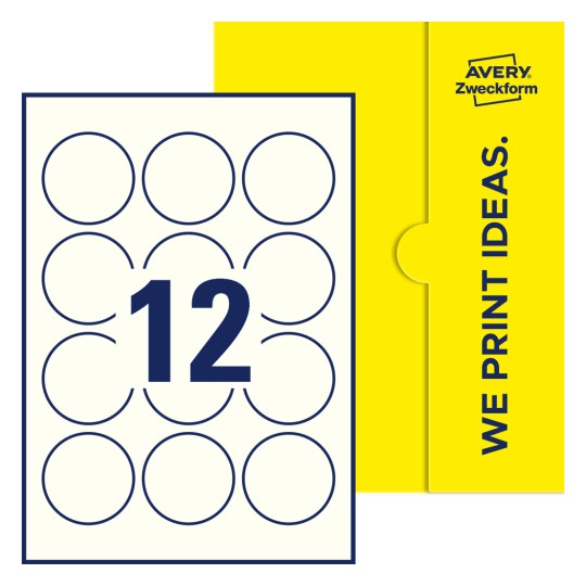 Packungsabbildung inklusive Stanzzeichnung Einzelbogen A4, Etiketten, 57 mm, 12 Etiketten/Bogen, Rund - Runde Etiketten, Ø 57 mm