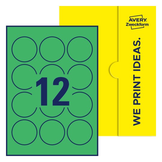Packungsabbildung inklusive Stanzzeichnung Einzelbogen A4, Etiketten, 57 mm, 12 Etiketten/Bogen, Rund - Runde Etiketten, Ø 57 mm