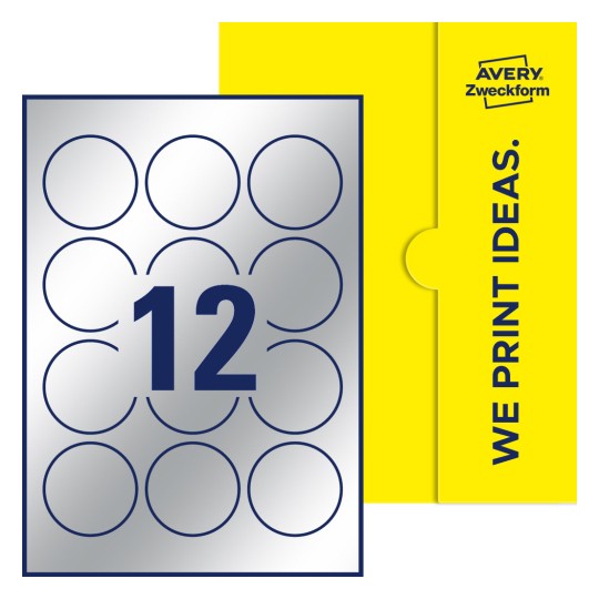Packungsabbildung inklusive Stanzzeichnung Einzelbogen A4, Etiketten, 57 mm, 12 Etiketten/Bogen, Rund - Runde Etiketten, Ø 57 mm
