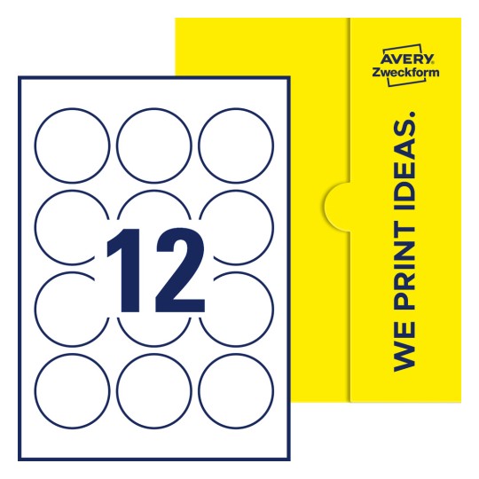 Packungsabbildung inklusive Stanzzeichnung Einzelbogen A4, Etiketten, 57 mm, 12 Etiketten/Bogen, Rund - Runde Etiketten, Ø 57 mm