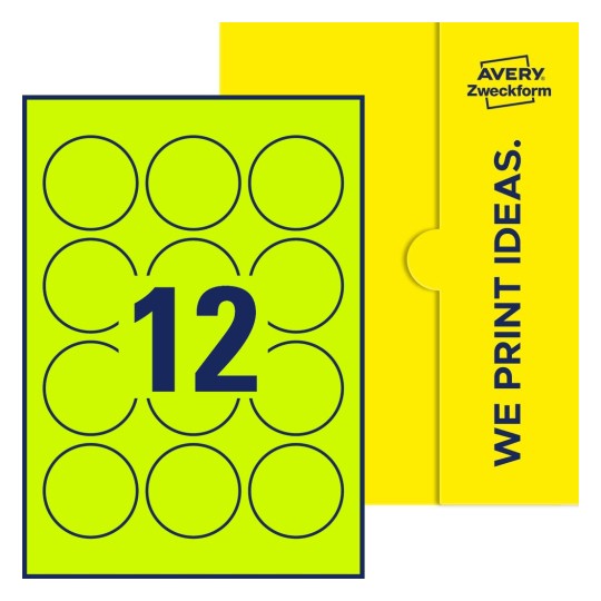 Packungsabbildung inklusive Stanzzeichnung Einzelbogen A4, Etiketten, 57 mm, 12 Etiketten/Bogen, Rund - Runde Etiketten, Ø 57 mm