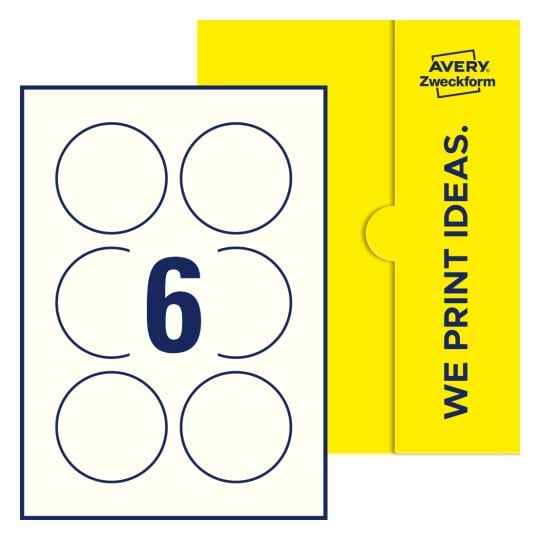 Packungsabbildung inlusive Stanze, Einzelbogen A4, Artikel 75-RND, Ø 75 mm, 9 Etiketten/Bogen - Runde Etiketten, Ø 75 mm