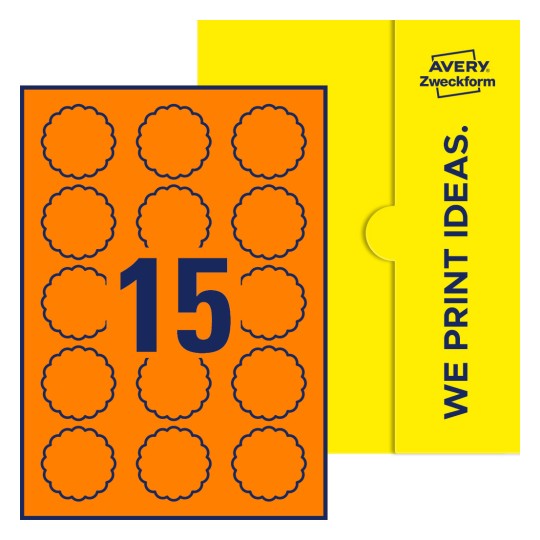 Packungsabbildung inklusive Stanzzeichnung Einzelbogen A4, Etiketten, 50 x 50 mm, 15 Etiketten/Bogen, Blume - Blumenförmige Etiketten, 50 x 50 mm