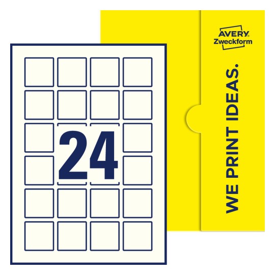 Packungsabbildung inklusive Stanzzeichnung Einzelbogen A4, Etiketten, 40 x 40 mm, 24 Etiketten/Bogen, Quadratisch - Quadratische Etiketten, 40 x 40 mm
