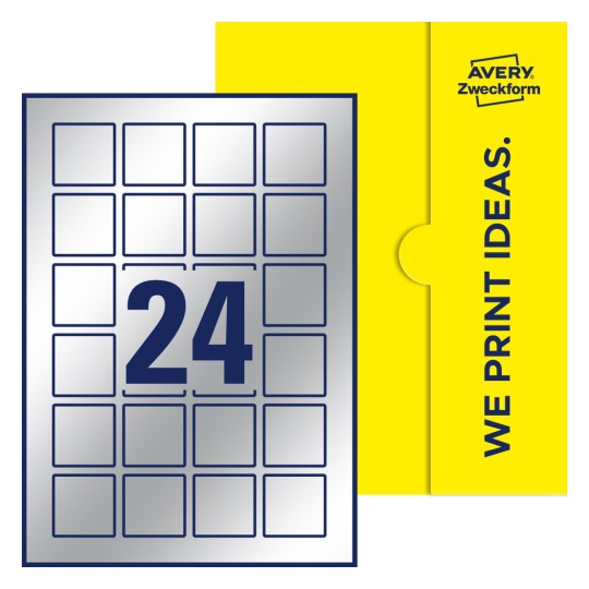 Packungsabbildung inklusive Stanzzeichnung Einzelbogen A4, Etiketten, 40 x 40 mm, 24 Etiketten/Bogen, Quadratisch - Quadratische Etiketten, 40 x 40 mm