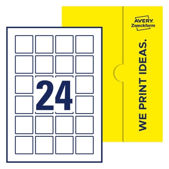 Packungsabbildung inklusive Stanzzeichnung Einzelbogen A4, Etiketten, 40 x 40 mm, 24 Etiketten/Bogen, Quadratisch - Quadratische Etiketten, 40 x 40 mm