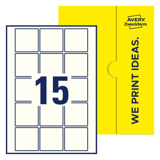 Packungsabbildung inklusive Stanzzeichnung Einzelbogen A4, Etiketten, 55 x 55 mm, 15 Etiketten/Bogen, Quadratisch - Quadratische Etiketten, 55 x 55 mm