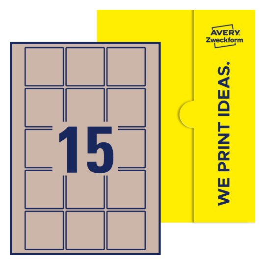 Packungsabbildung inklusive Stanzzeichnung Einzelbogen A4, Etiketten, 55 x 55 mm, 15 Etiketten/Bogen, Quadratisch - Quadratische Etiketten, 55 x 55 mm