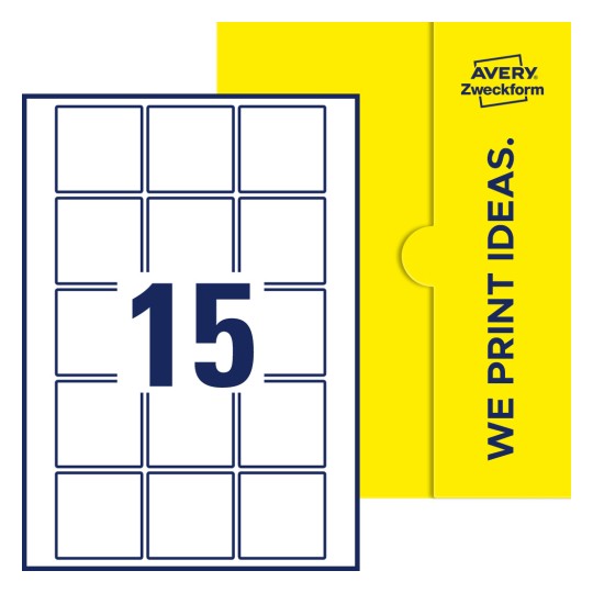 Packungsabbildung inklusive Stanzzeichnung Einzelbogen A4, Etiketten, 55 x 55 mm, 15 Etiketten/Bogen, Quadratisch - Quadratische Etiketten, 55 x 55 mm