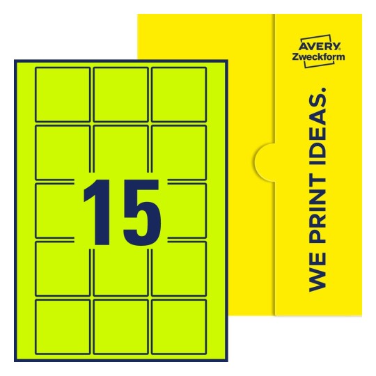 Packungsabbildung inklusive Stanzzeichnung Einzelbogen A4, Etiketten, 55 x 55 mm, 15 Etiketten/Bogen, Quadratisch - Quadratische Etiketten, 55 x 55 mm