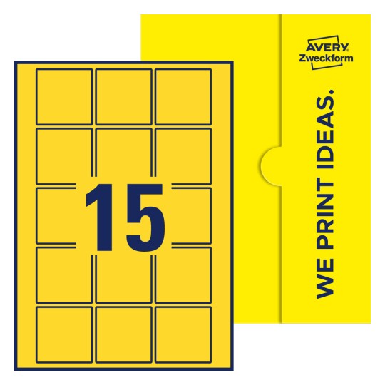 Packungsabbildung inklusive Stanzzeichnung Einzelbogen A4, Etiketten, 55 x 55 mm, 15 Etiketten/Bogen, Quadratisch - Quadratische Etiketten, 55 x 55 mm