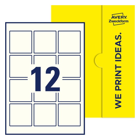 Packungsabbildung inklusive Stanzzeichnung Einzelbogen A4, Etiketten, 60 x 60 mm, 12 Etiketten/Bogen, Quadratisch - Quadratische Etiketten, 60 x 60 mm