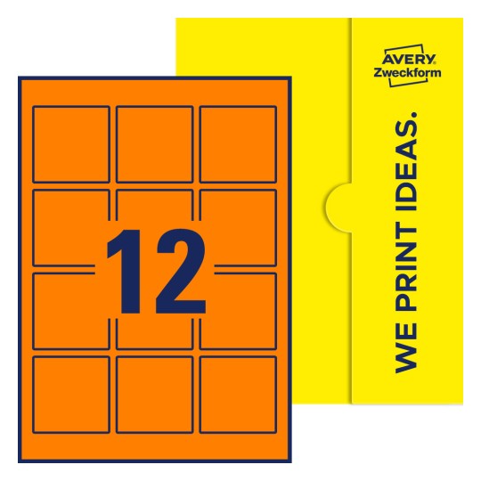 Packungsabbildung inklusive Stanzzeichnung Einzelbogen A4, Etiketten, 60 x 60 mm, 12 Etiketten/Bogen, Quadratisch - Quadratische Etiketten, 60 x 60 mm