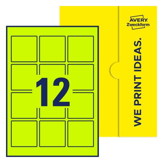 Packungsabbildung inklusive Stanzzeichnung Einzelbogen A4, Etiketten, 60 x 60 mm, 12 Etiketten/Bogen, Quadratisch - Quadratische Etiketten, 60 x 60 mm