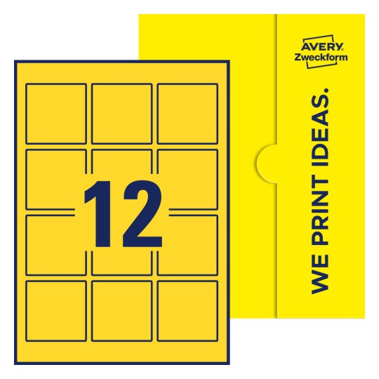 Packungsabbildung inklusive Stanzzeichnung Einzelbogen A4, Etiketten, 60 x 60 mm, 12 Etiketten/Bogen, Quadratisch - Quadratische Etiketten, 60 x 60 mm