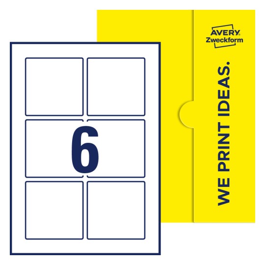 Packungsabbildung inlusive Stanze, Einzelbogen A4, Artikel 80x80-S, 80 x 80 mm, 6 Etiketten/Bogen - Quadratische Etiketten, 80 x 80 mm