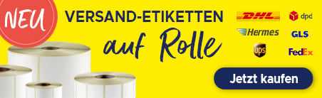 Ein Banner der Versand-Etiketten auf Rolle mit Versand-Icons zeigt.