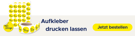 Aufkleber auf Rolle & Bogen sowie Einzelsticker sind auf einem Banner.
