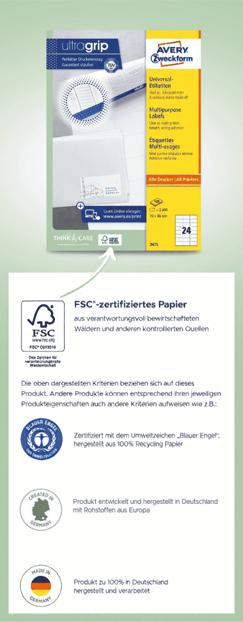 Eine Übersicht mit den Nachhaltigkeitsfaktoren unserer Blanko-Etiketten. Es ist eine Packung zu sehen und die verschiedenen Nachhaltigkeitsfaktoren und deren Bedeutung.