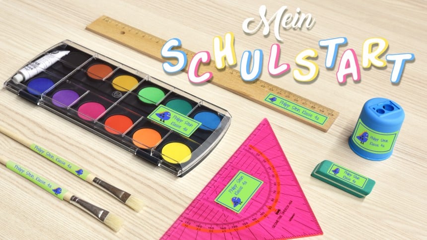 Schulstart Beschriftung von Schulutensilien