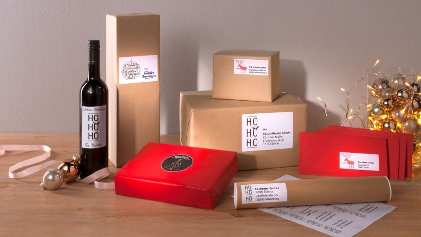 Weihnachtsdesigs für Adressetiketten und Flaschen