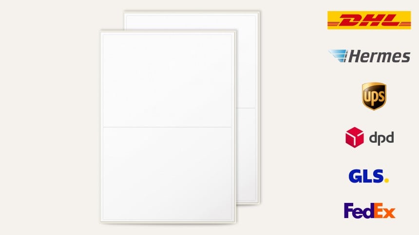 Blanko Versandetiketten auf Bogen mit Versand-Icons.