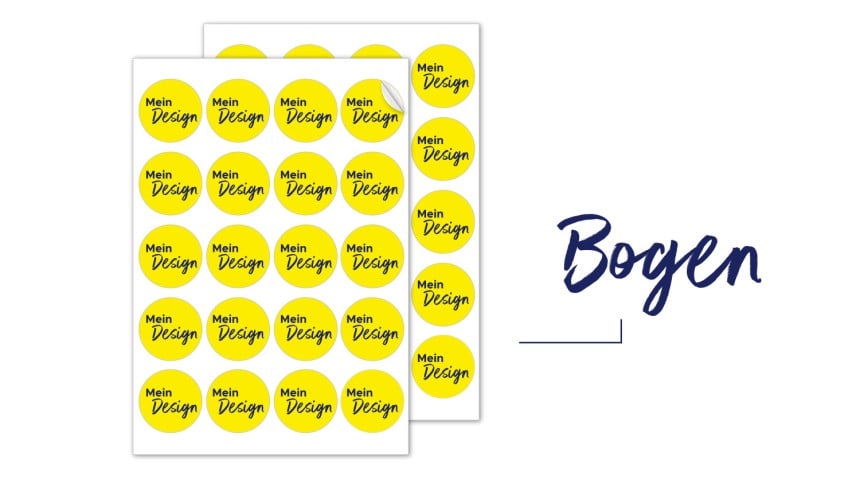 Darstellung von bedruckten Aufklebern auf Bogen. Daneben steht das Wort "Bogen".