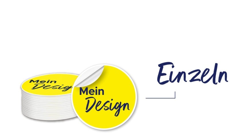Darstellung von bedruckten Einzelaufklebern auf Bogen. Daneben steht das Wort "Einzeln".
