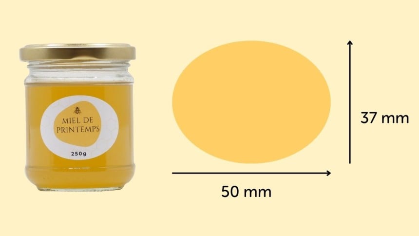 Das Bild zeigt ein Honigglas mit Honigetikett sowie rechts die Maße des Etiketts.