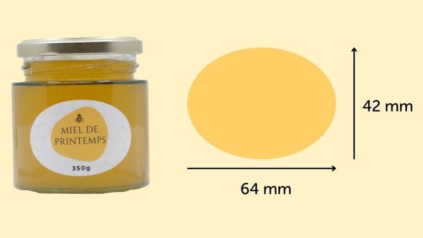 Das Bild zeigt ein Honigglas mit Honigetikett sowie rechts die Maße des Etiketts.