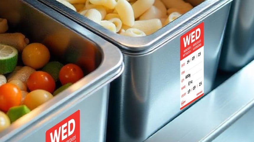 Auf Essensboxen kleben Lebensmittel-Etiketten mit "Mittwoch" darauf.