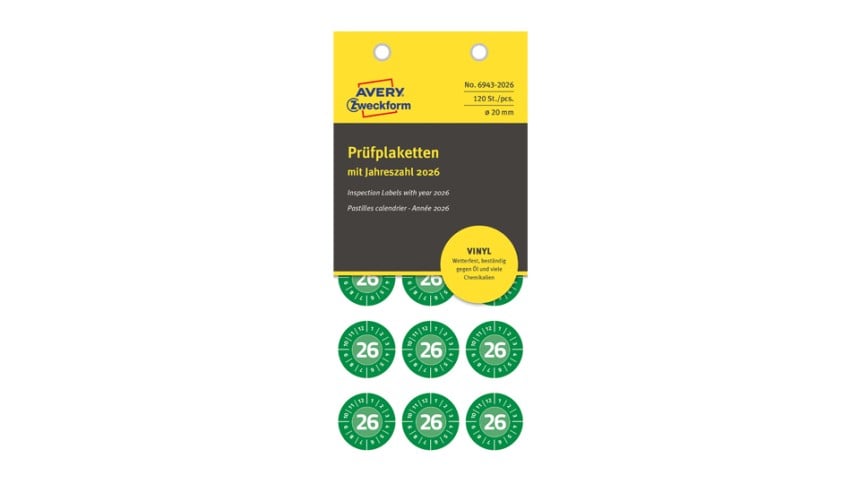 Eine Avery Packung, in der grüne Prüfplaketten für 2026 sind. Prüfplaketten sind aus Vinyl, wetterfest und beständig gegen Öl und viele Chemikalien.