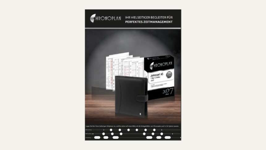 Auf dem Bild wird der Katalog für das Jahr 2027 für die Produktkategorie Chronoplan gezeigt.