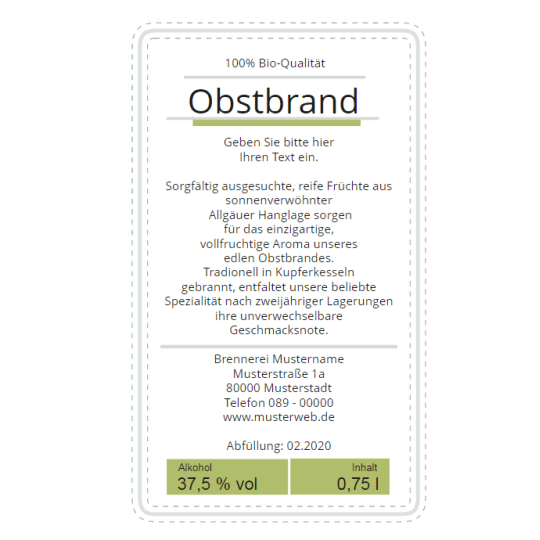 Rückseitenetikett für Obstbrand 100% Bioqualität