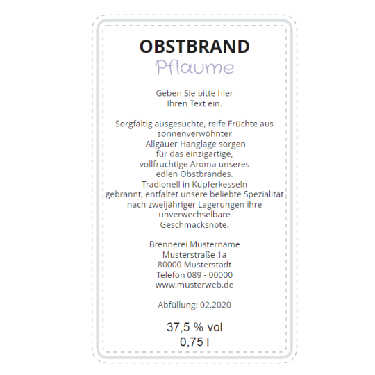 Rückseitenetikett für Obstbrand Pflaume