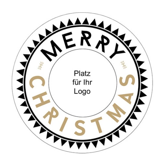 Das Bild zeigt eine runde Etiketten-Vorlage mit der Aufschrift "Merry Christmas"