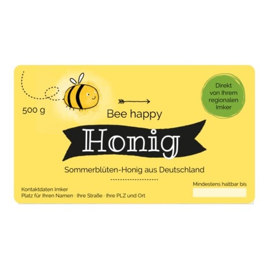 Auf dem rechteckigen Honigetikett in Gelb ist eine Biene abgebildet und es steht "Bee happy Honig Sommerblüten-Honig aus Deutschland". Darüber hinaus sind weitere Angaben zum Honig zu sehen, wie beispielsweise das Mindesthaltbarkeitsdatum und der Kontakt des Imkers.