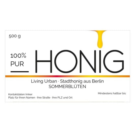 Auf dem rechteckigen Honigetikett in Weiß steht "100 % pur Honig Sommerblüten". Von oben fließt ein Honigklecks übers Etikett. Darüber hinaus sind weitere Angaben zum Honig zu sehen, wie beispielsweise das Mindesthaltbarkeitsdatum und der Kontakt des Imkers.