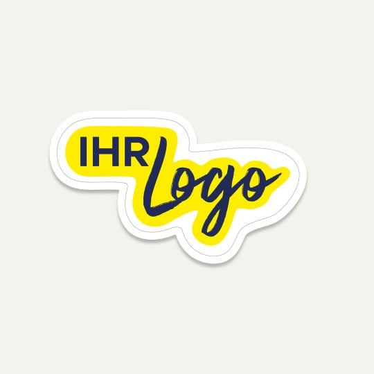 Ein Freiform-Aufkleber mit dem Aufdruck "Ihr Logo" in Gelb. Es ist ein Beispiel für einen Logo-Aufkleber.